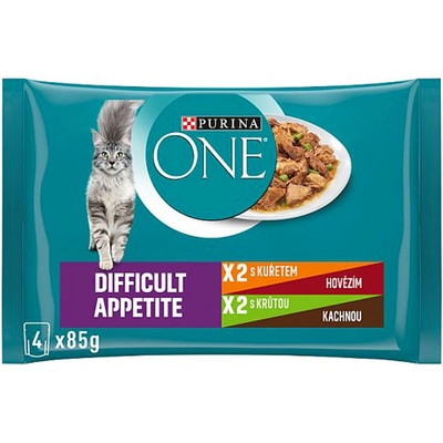 Purina One Difficult Appetite mini filetky kura a hovädzie morka a kačica 4 x 85 g