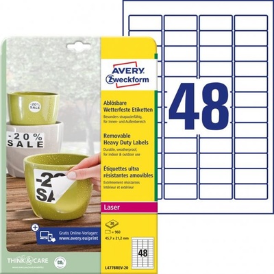 Etikety polyesterové 45,7x21,2mm Avery A4 biele odnímateľné 20 hárkov