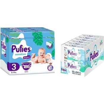 pufies Бебешки пелени Pufies Sensitive - Midi, размер 3, 186 броя, 6-10 kg + мокри кърпички, 12 x 64 броя (70000090+54000188)