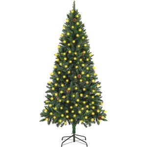 vidaXL Изкуствена осветена коледна елха украсена с шишарки 210 см (3077745)