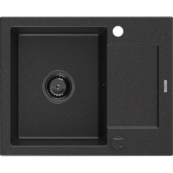 Mexen Enzo гранитна мивка с 1 отделение и с оцедник 576 x 465 mm, черен/сребрист металик, черен сифон - 6506571005-73-B (6506571005-73-B)