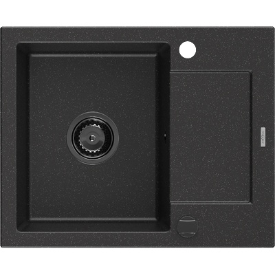 Mexen Enzo гранитна мивка с 1 отделение и с оцедник 576 x 465 mm, черен/сребрист металик, черен сифон - 6506571005-73-B (6506571005-73-B)