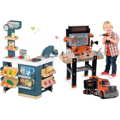 Smoby Set obchod elektronický s váhou a skenerom Super Market a pracovná dielňa s vŕtačkou a kamión s kufríkom