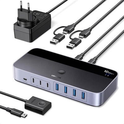 UGREEN 7-портов USB 3.0 хъб с USB-C изход за компютри и лаптопи с USB-C с възможност за превключване между два компютъра - Ugreen USB-C 3.0 Hub 7-port Switch Box (черен) (75087)