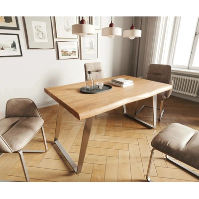 DELIFE Jídelní stůl Edge 140 x 90 XL přírodní akácie nerezová ocel šikmá
