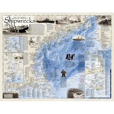 National Geographic Vraky lodí na východním pobřeží Ameriky - nástěnná mapa 91 x 71 cm Varianta: bez rámu v tubusu, Provedení: laminovaná mapa v lištách