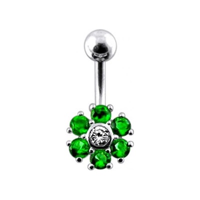 Šperky4U stříbrný piercing do pupíku barva zirkonů čirá/tm. zelená BP01014-CE