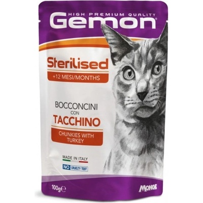 Gemon Sterilised Cat Chunkies with Turkey - пауч - хапки за кастрирани котки над 1 година с пуйка 100 гр, Италия - 0889