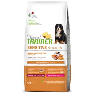 Natural Trainer Dog Sensitive No Gluten Medium & Maxi Adult with Salmon - храна за пораснали кучета, БЕЗ ГЛУТЕН, над 1 година, от средни и едри породи, с чувствителни стомаси, със сьомга - 12 кг, Италия - 925251