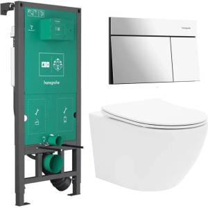 Rune Казанче за вграждане Hansgrohe iFrame 112 см с бутон iFrame Element E, гланциран хром, плюс бяла тоалетна чиния Rune Ivaldi с капак softclose (01022180+66003000+5940541330400)
