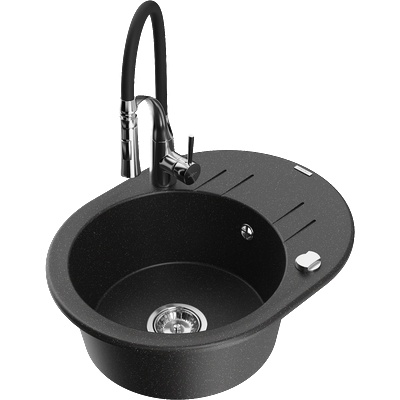 Mexen Kevin гранитна мивка 1-камерна с дренаж и кухненски смесител Aster, черен/сребрист металик - 6517-73-73450-07 (6517-73-73450-07)