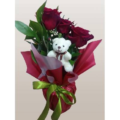 БУКЕТ (АРАНЖИРОВКА) В КАШПА ОТ 3 ЧЕРВЕНИ РОЗИ И МЕЧЕ