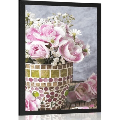 Plakát květiny karafiátu v mozaikovém květináči - 20x30 black
