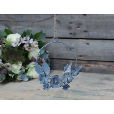 Zinkový antik kovový závěsný věneček s kvítky - Ø 10 cm - Chic Antique