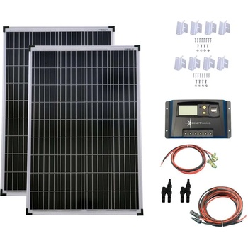 Solartronic Комплект соларна система 2x100W поли соларен модул 20A контролер за зареждане жълта монтажна скоба кабелен конектор (SET-200P-20A-KA-ST-WI)