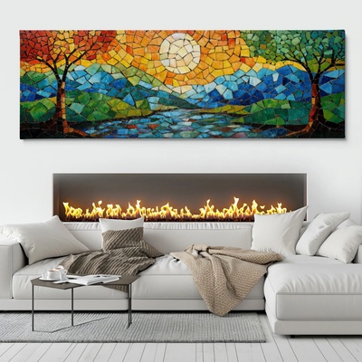 Obraz na plátně - Mozaikový západ mezi stromy FeelHappy.cz Velikost obrazu (šířka x výška): 60 x 20 cm