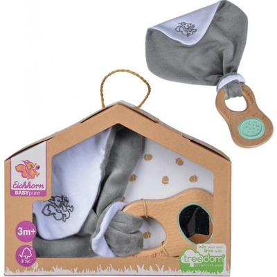 Eichhorn Dřevěné chrastítko s držadlem Bio 100% Natur Baby Pure Grasping Toy with Doudou s látkou na mazlení a zrcátkem