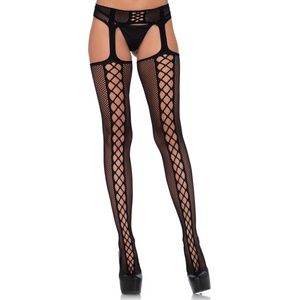 Leg Avenue Чорапи със заден шев Lace Up с самоподдържащ се жартиерен колан