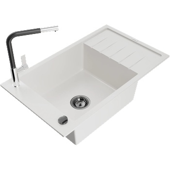 Mexen Elias кухненска мивка от гранит с 1 отделение, с капак и кухненски смесител Flora, бял - 6511-20-670401-07-B (6511-20-670401-07-B)