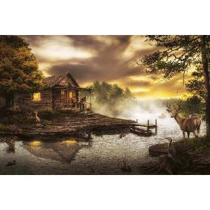 DIMEX ART Флизелинов фототапет дървена къща край потока 375 x 250 см