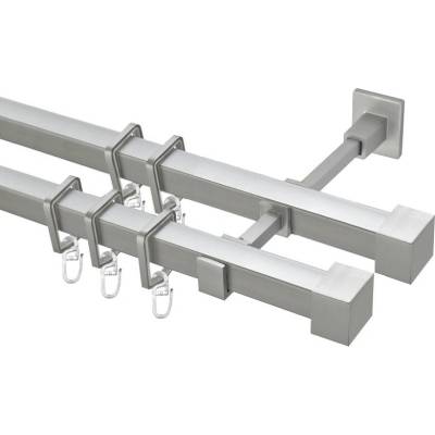 OK-GarnýžeCZ Garnýž kovová hranatá dvouřadá 20x20mm Klasik satina 240 cm do stěny / kroužky s háčkem