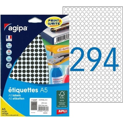 Etikety kruhové 8mm Agipa A5 čierne 114307
