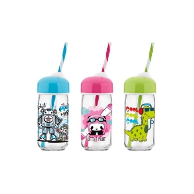 Mercanlar M-151993 / 182039 -Стъклена бутилка със сламка и декор "Bubble" 370ml (0154248)