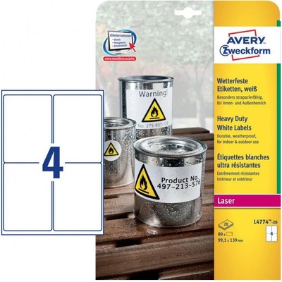 Avery-Zweckform L4774-20 99.1 x 139 mm prehľad produktov fólie biela 80 ks trvalé Fóliové etikety laser, kópie; L4774-20