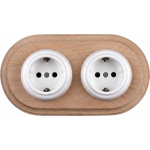 Elhard - Двойна керамична ретро розетка за дома с рамка SCHUKO 230V бяла/дърво (EF0096C)