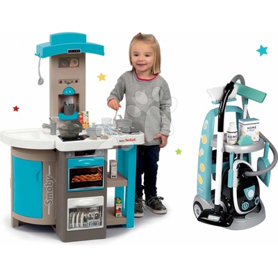 Smoby Set kuchynka skladacia Tefal Opencook Bubble modrá s magickým bublaním a kávovarom a upratovací vozík s elektronickým vysávačom