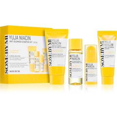 Some By Mi Yuja Niacin rozjasňujúce tonikum 30 ml + hydratačný a rozjasňujúci pleťový krém pre pleť s hyperpigmentáciou 20 g + rozjasňujúca čistiaca pena pre citlivú pleť 30 ml + rozjasňujúce hydratač