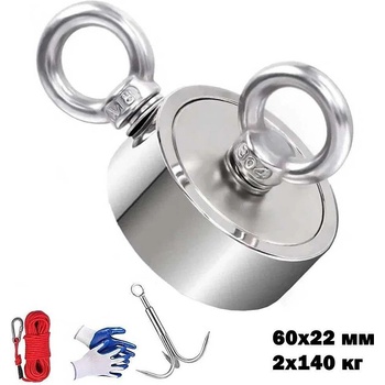 UNI STR Неодимов магнит, двустранен, 60x22 мм, 2x140 кг, с въже, кука и ръкавици (STR1158)