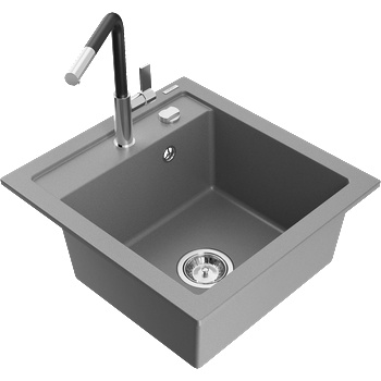 Mexen Vito гранитна кухненска мивка с 1 отделение и кухненски смесител Flora, сив - 6503-71-670401-07 (6503-71-670401-07)