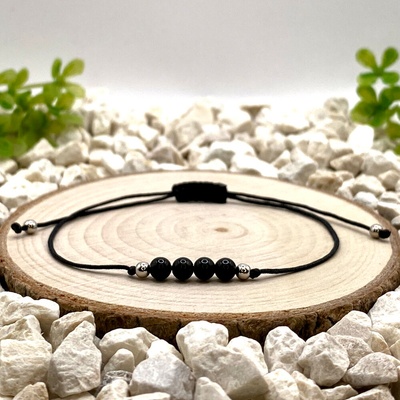 Certom Provázkový náramek s černým obsidiánem a stříbrem 0486