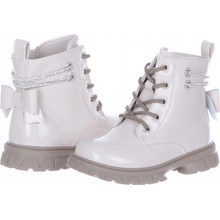 Lakované zateplené dívčí kotníkové boty kozačky s mašličkou krémové