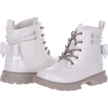 Lakované zateplené dívčí kotníkové boty kozačky s mašličkou krémové