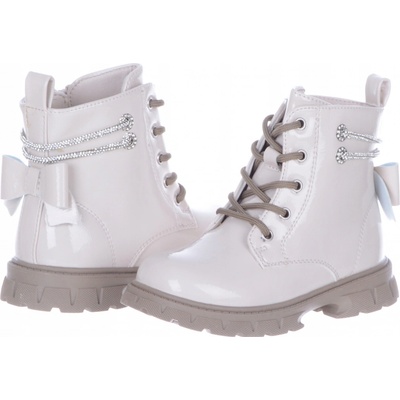 Lakované zateplené dívčí kotníkové boty kozačky s mašličkou krémové