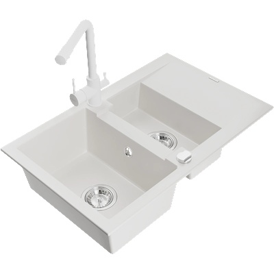 Mexen Gaspar мивка от гранит 1, 5-камерна с отцедник и кухненски смесител Duero, бял - 6507-20-671600-20 (6507-20-671600-20)