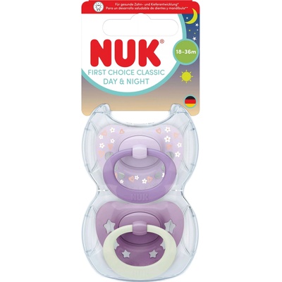 Nuk Силиконови залъгалки NUK First Choice - Day & Night, 18м+, за момиче, лилави, 2 броя (10177264)