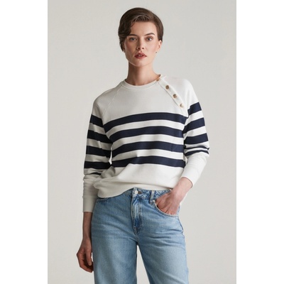 Gant Stripedc Gold Button C-Neck Sweat Eggshell
