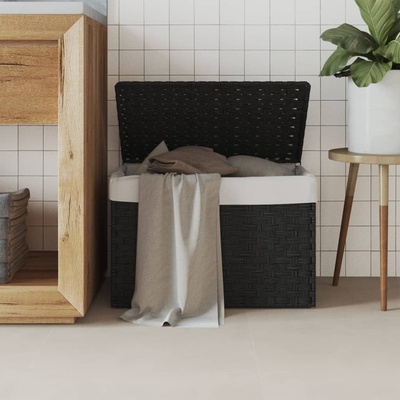 vidaXL Кош за пране с капак, черен, 55, 5x35x34 см, полиратан (372052)