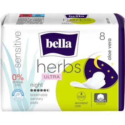 Bella Herbs Ultra Night sensitive дамски превръзки с алое вера 8 бр (BE-013-MW08-W09)