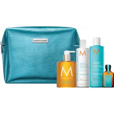 Moroccanoil A Window To Hydration šampon Hydrating Shampoo 250 ml + kondicionér Hydrating Conditioner 250 ml + mýdlo na ruce 360 ml + olej na vlasy Treatment 25 ml + kosmetická taštička darčeková sada