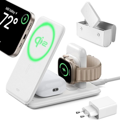 ESR Безжично зарядно устройство 2C569 - ESR Premium Travel Set, с чанта, за iPhone, MFi Apple Watch, AirPods, Qi2 - бяло