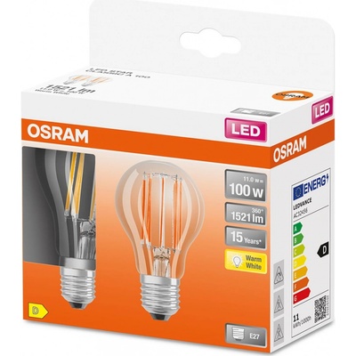Osram 2Pak LED žiarovka E27 A60 11W 100W 1521lm 2700K Warm 300° Filament STAR