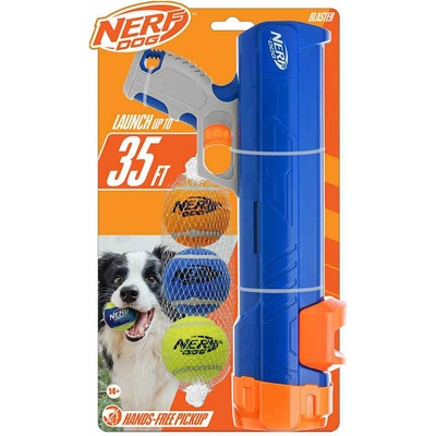 Nerf Dog Blaster 30 cm bez klipsy na loptičku 3 ks pískacích tenisových loptičiek 5 cm