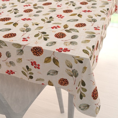 Biante obdélníkový ubrus Leona LN-181 Červené bobule šišky a listy na režném 130x220 cm