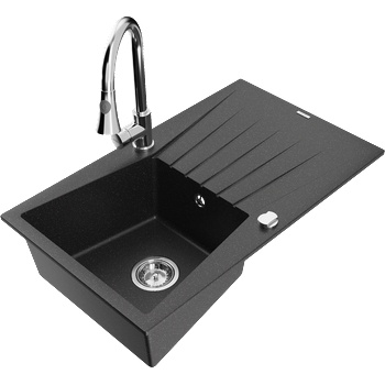 Mexen Cesar гранитна мивка с 1 отделение с отцеждач и кухненски смесител Elia, черен/сребърен металик - 6514-73-670101-00 (6514-73-670101-00)