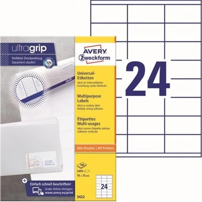 Avery-Zweckform 3422 70 x 35 mm papier biela 2400 ks trvalé univerzálne etikety atrament, laser, kópie; 3422