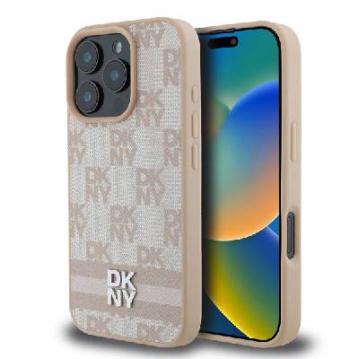 Дизайнерски кожен кейс за iPhone 16 Pro Max - DKNY PU Leather Checkered Pattern and Stripe Leather Hard Case (розов) (DKHCP16XPCPTSSP)